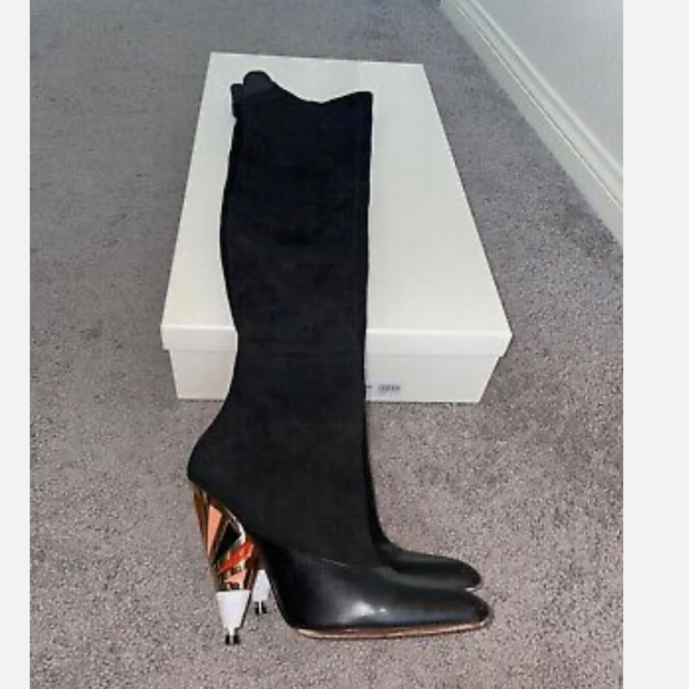 GIVENCHY Suede and Leather Over the knee Boots with Cone Enamel Heel Size 8.5 - Picture 5 of 11
